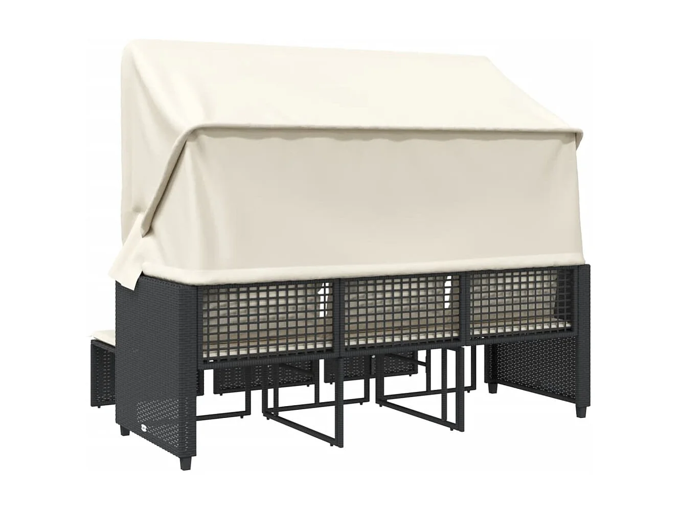 Sofá de jardim de 3 lugares com dossel e bancos de vime pretos