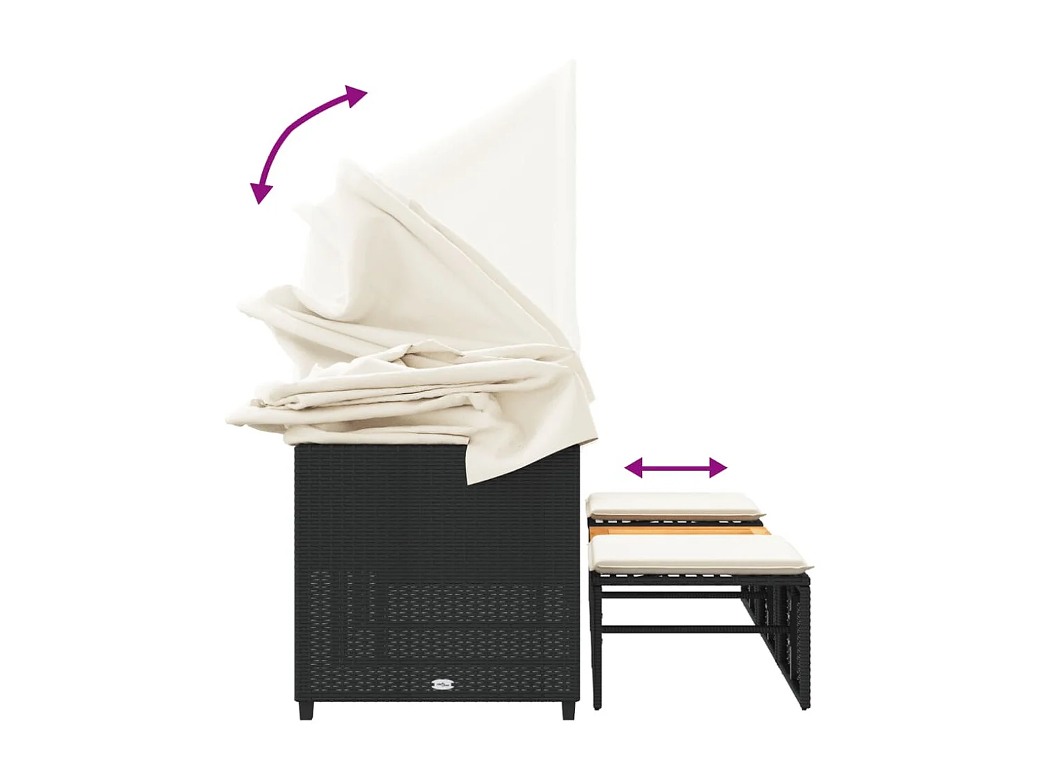 Sofá de jardim de 3 lugares com dossel e bancos de vime pretos