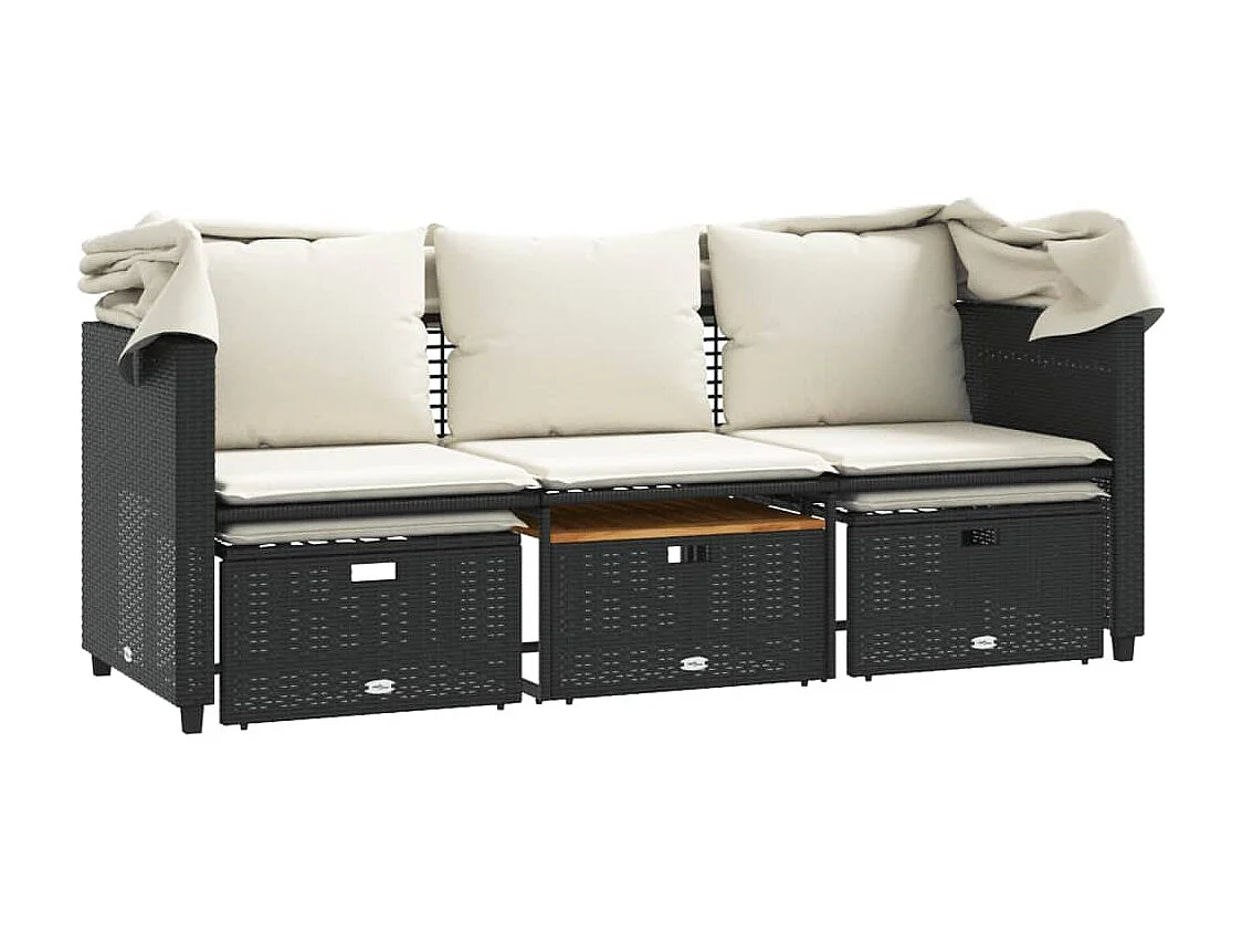 Canapé de jardin 3 places avec auvent et tabourets noir rotin