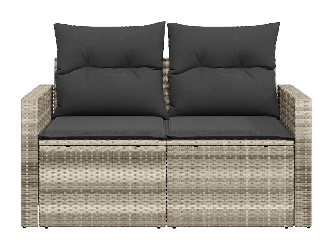 Canapé de jardin 2 places et coussins gris clair résine tressée