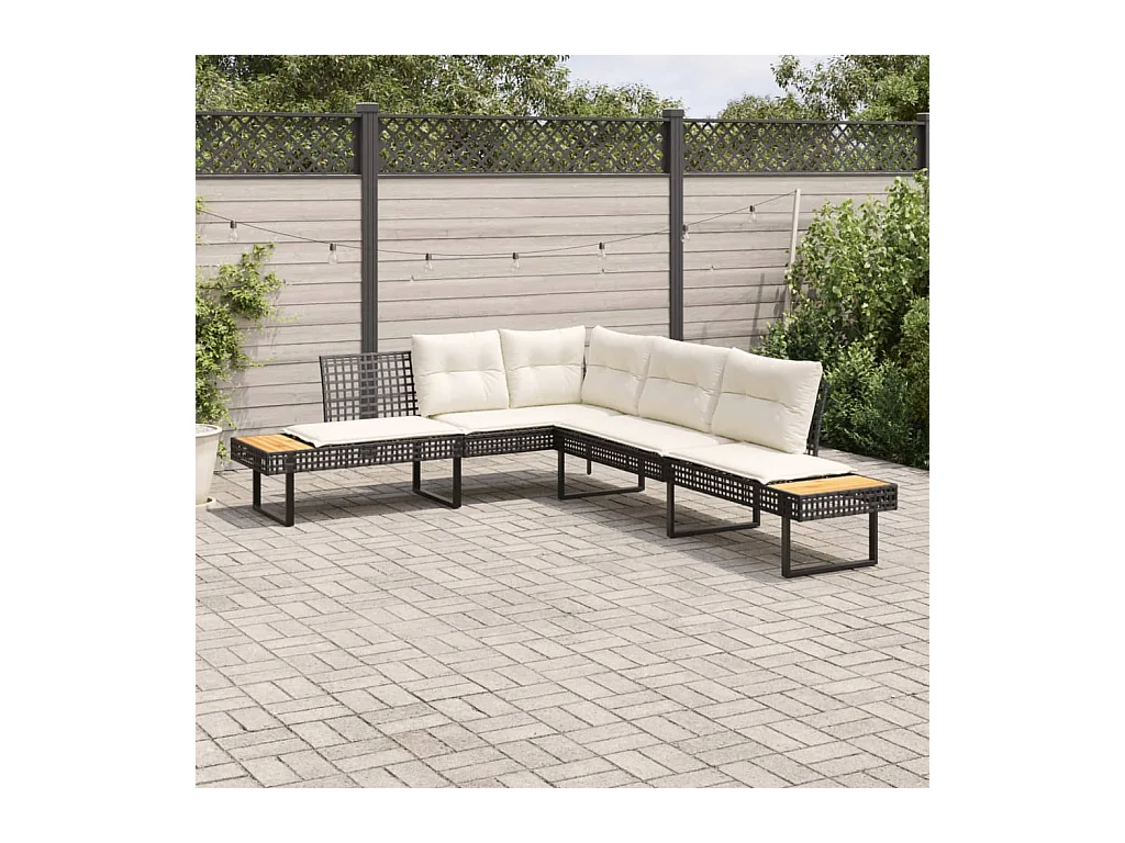 Canapé de jardin avec coussins en forme de L noir rotin acacia