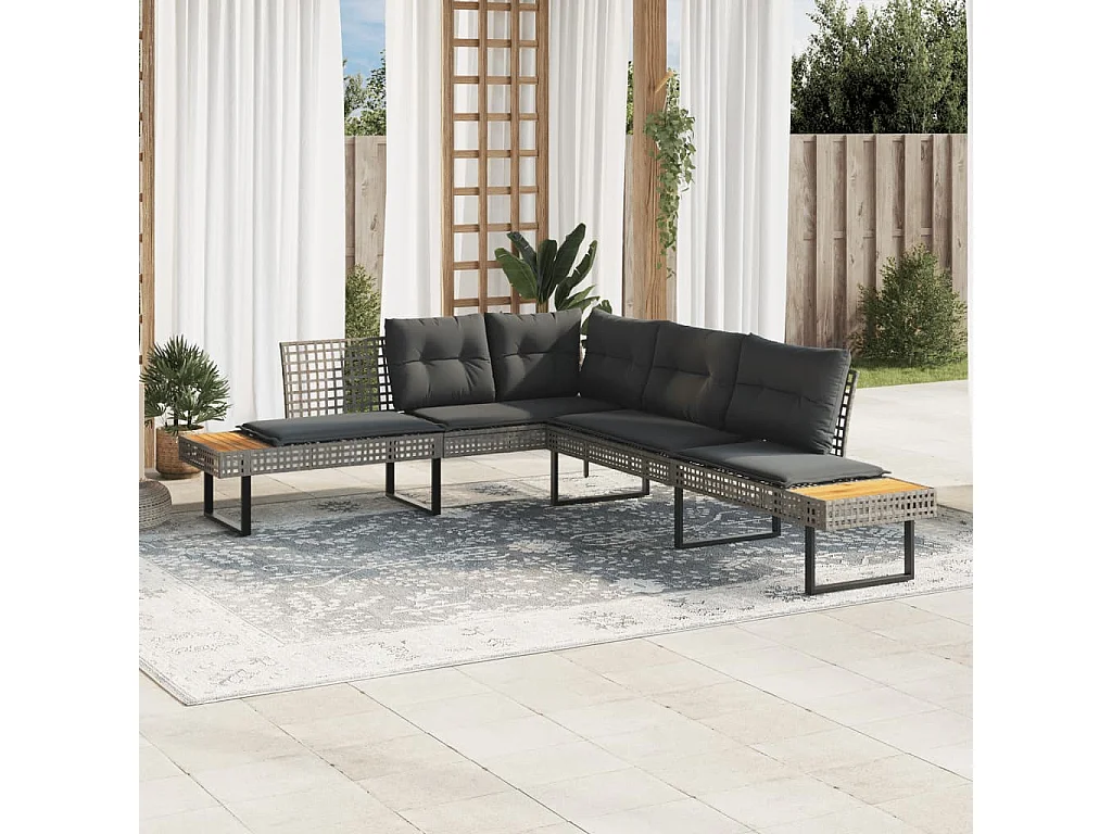 Sofá de jardim com almofadas em forma de L acácia rattan cinza