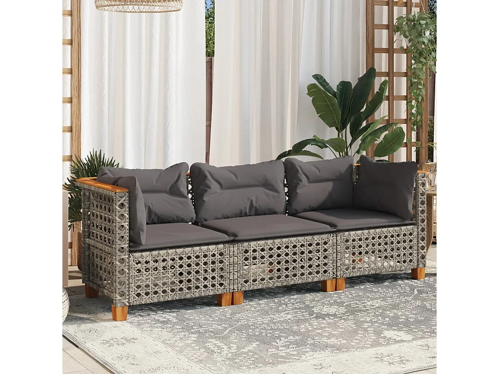 Divano da giardino con cuscini in resina intrecciata grigia a 3 posti