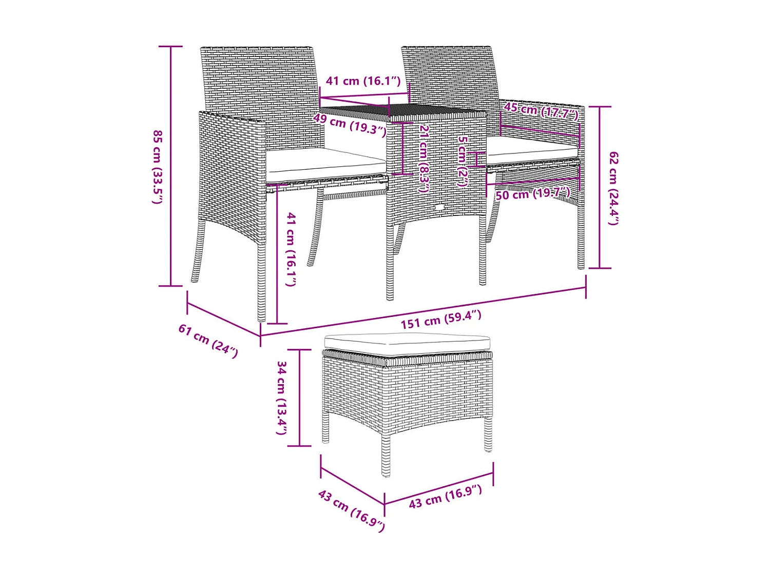 Sofá de jardín de 2 plazas con mesa y taburetes de ratán negro.