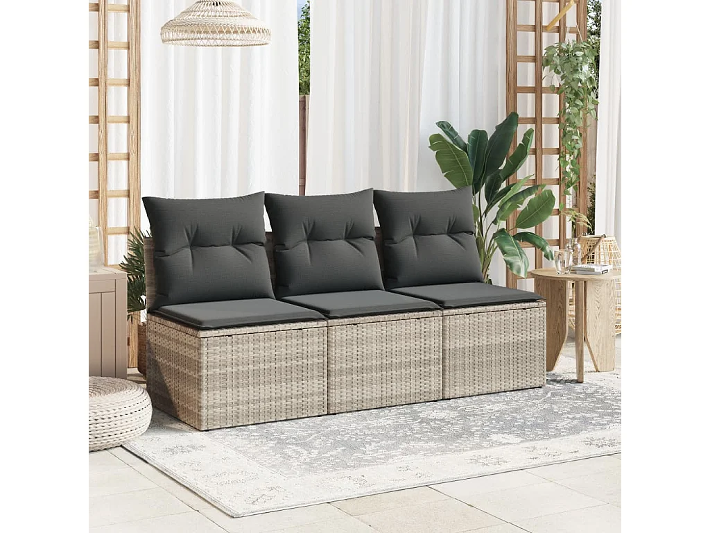 Canapé de jardin et coussins 3 places gris clair résine tressée