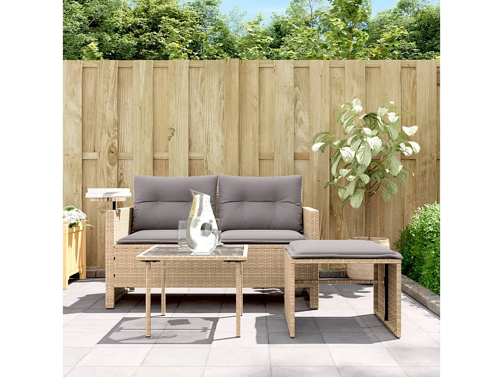 Salon de jardin avec coussins 3 pcs beige résine tressée