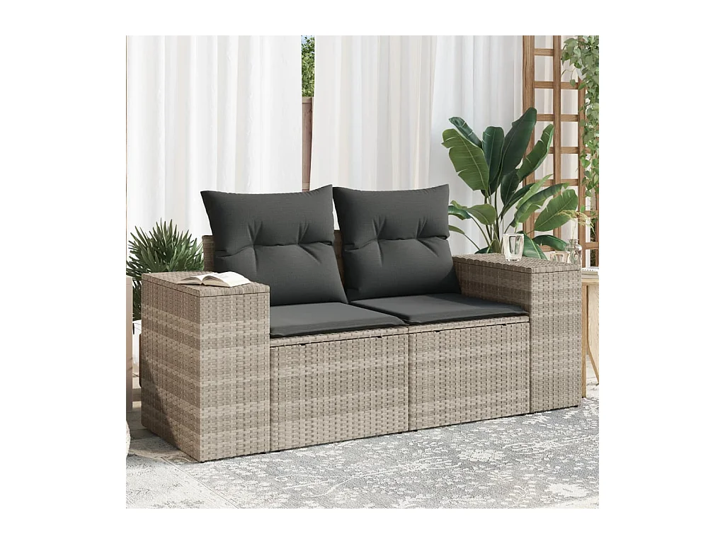 Divano da giardino a 2 posti e cuscini in resina intrecciata grigio chiaro