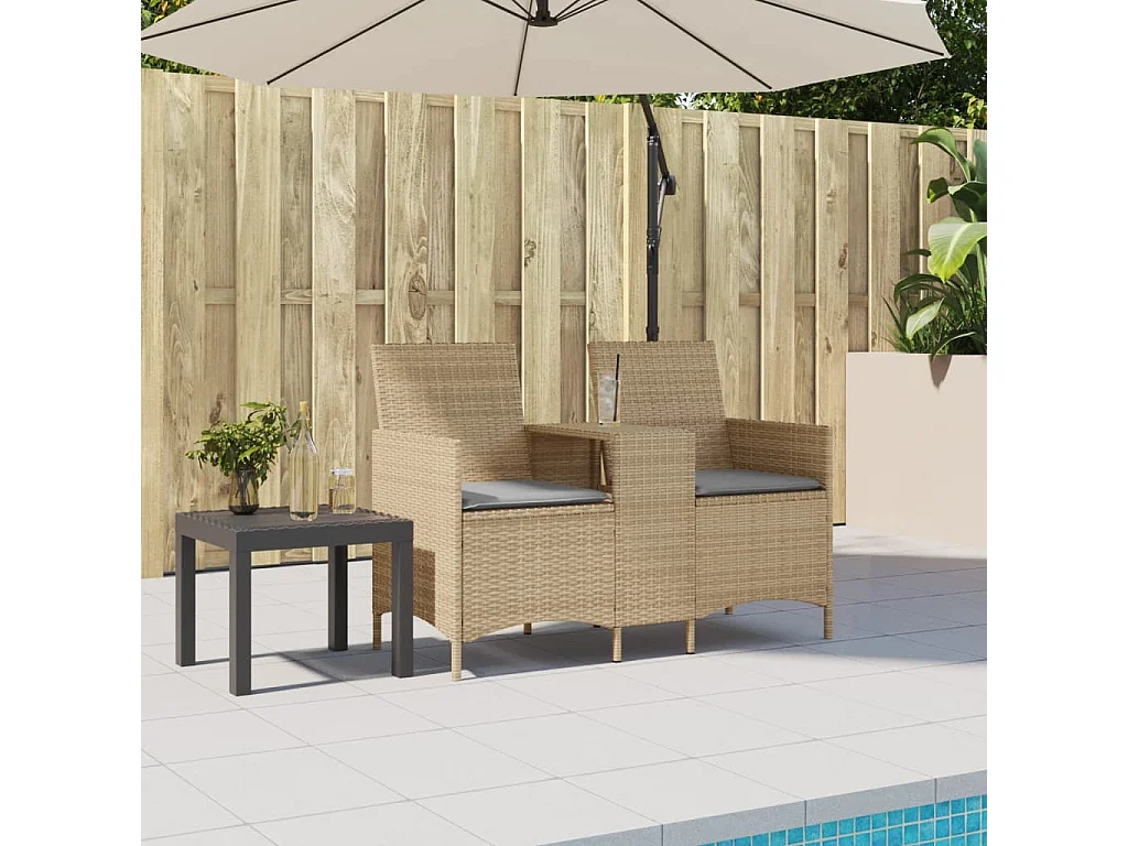 Canapé de jardin 2 places avec table et coussins résine tressée