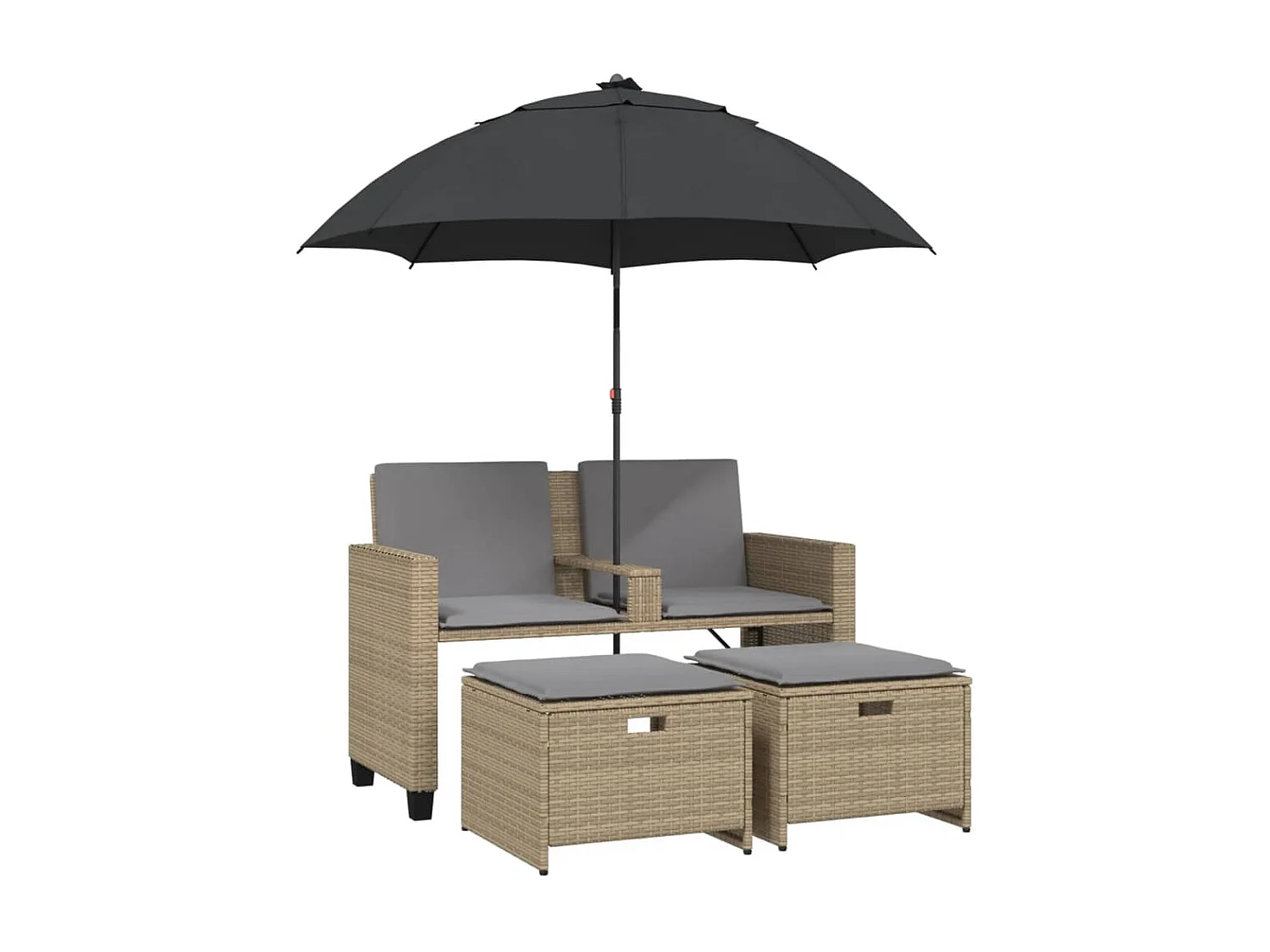 Canapé de jardin 2 places avec parasol et tabourets beige rotin
