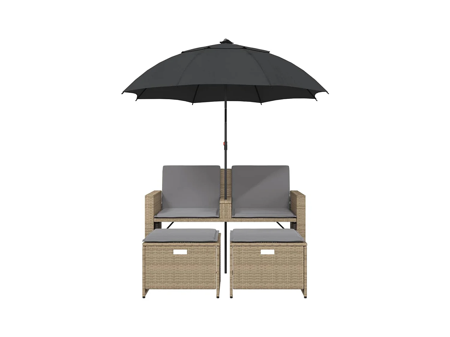 Canapé de jardin 2 places avec parasol et tabourets beige rotin