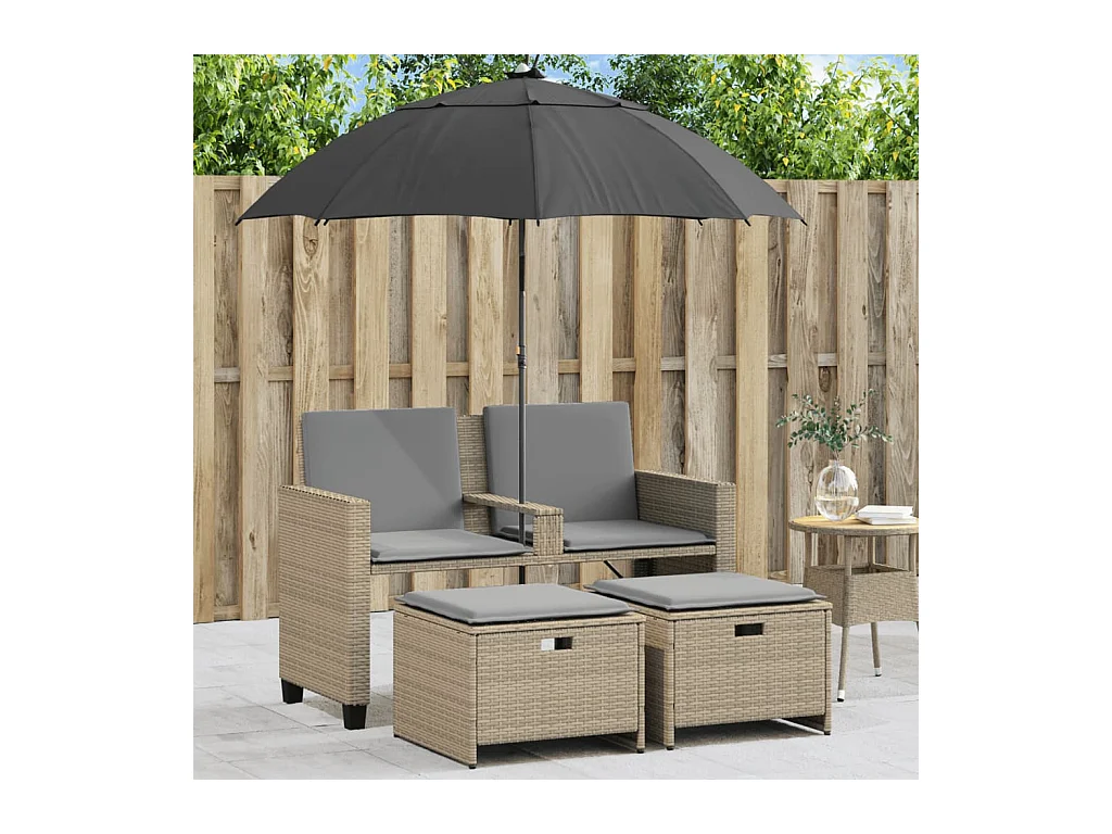 Canapé de jardin 2 places avec parasol et tabourets beige rotin