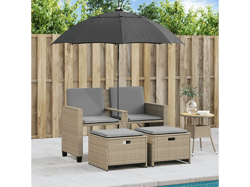 Canapé de jardin 2 places avec parasol et tabourets beige rotin