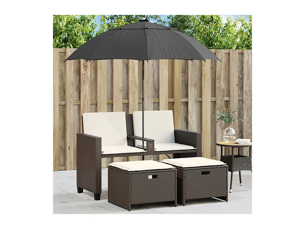 Canapé de jardin 2 places et parasol et tabourets marron rotin