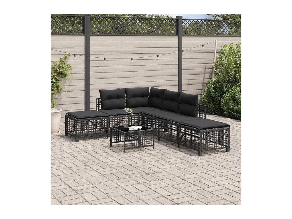 Salon de jardin d'angle 3 pcs avec coussins noir résine tressée
