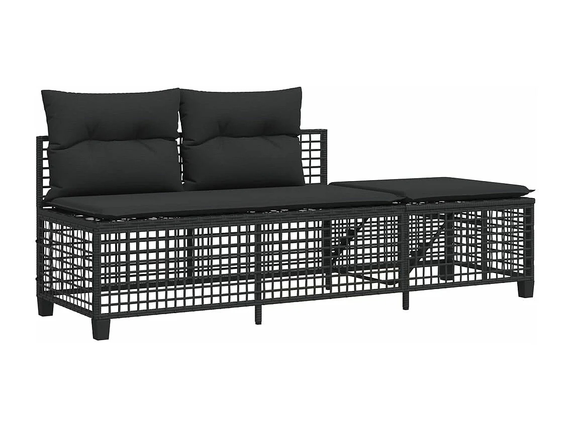 Muebles de jardín esquineros de 3 piezas con cojines de resina tejida en negro.