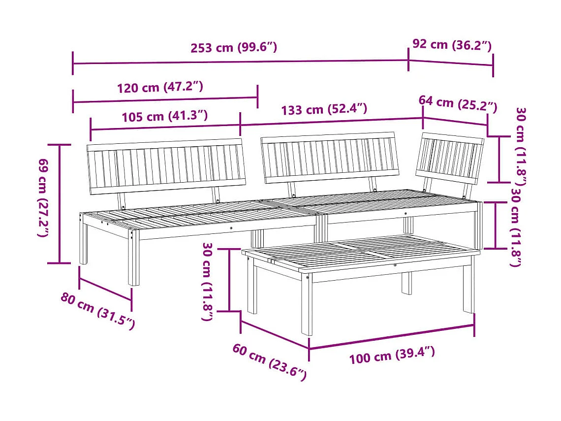 Salotto da giardino per pallet, 3 pezzi, in legno massello di acacia