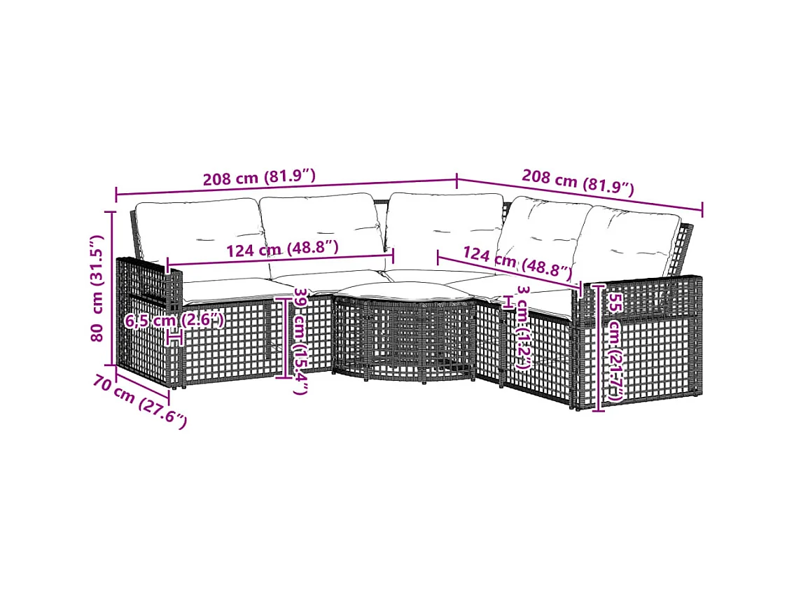 Canapé de jardin et coussins et repose-pied en forme de L rotin