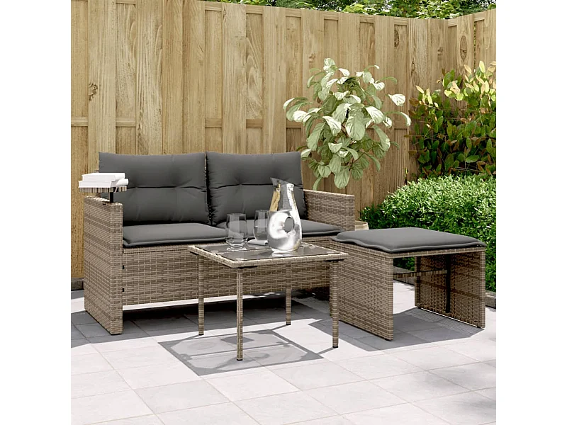 Salon de jardin avec coussins 3 pcs gris résine tressée