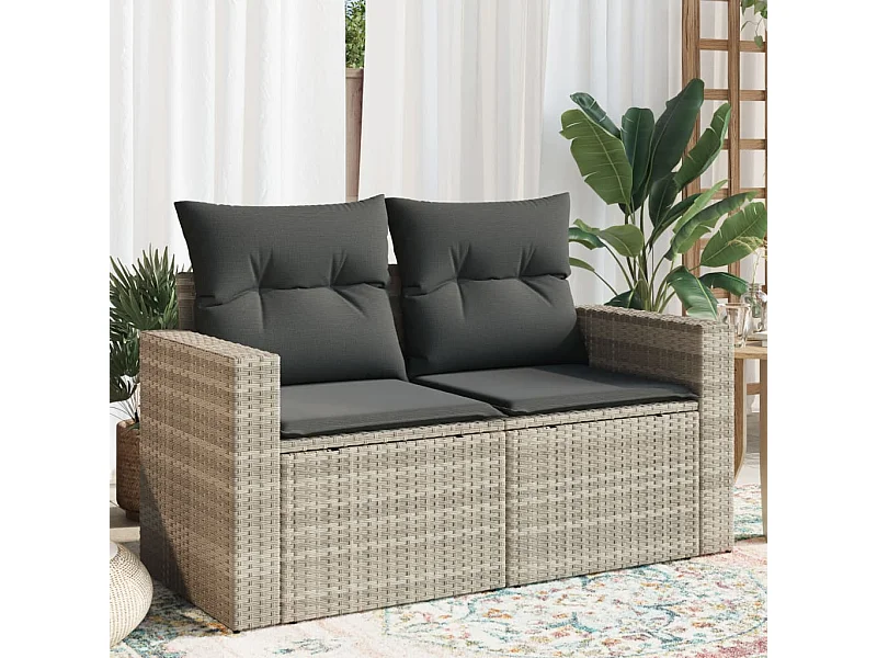 Divano da giardino a 2 posti e cuscini in resina intrecciata grigio chiaro