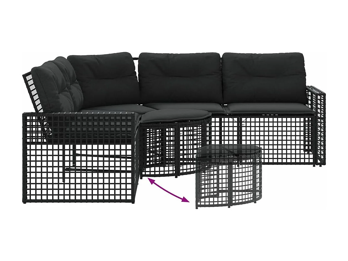 Sofá, cojines y reposapiés de jardín en forma de L de ratán