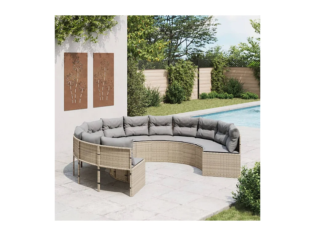 Divano da giardino con cuscini rotondi in resina intrecciata beige