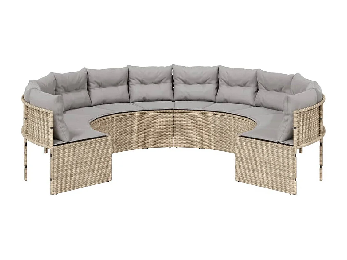 Gartensofa mit runden beigefarbenen Kissen aus gewebtem Kunstharz