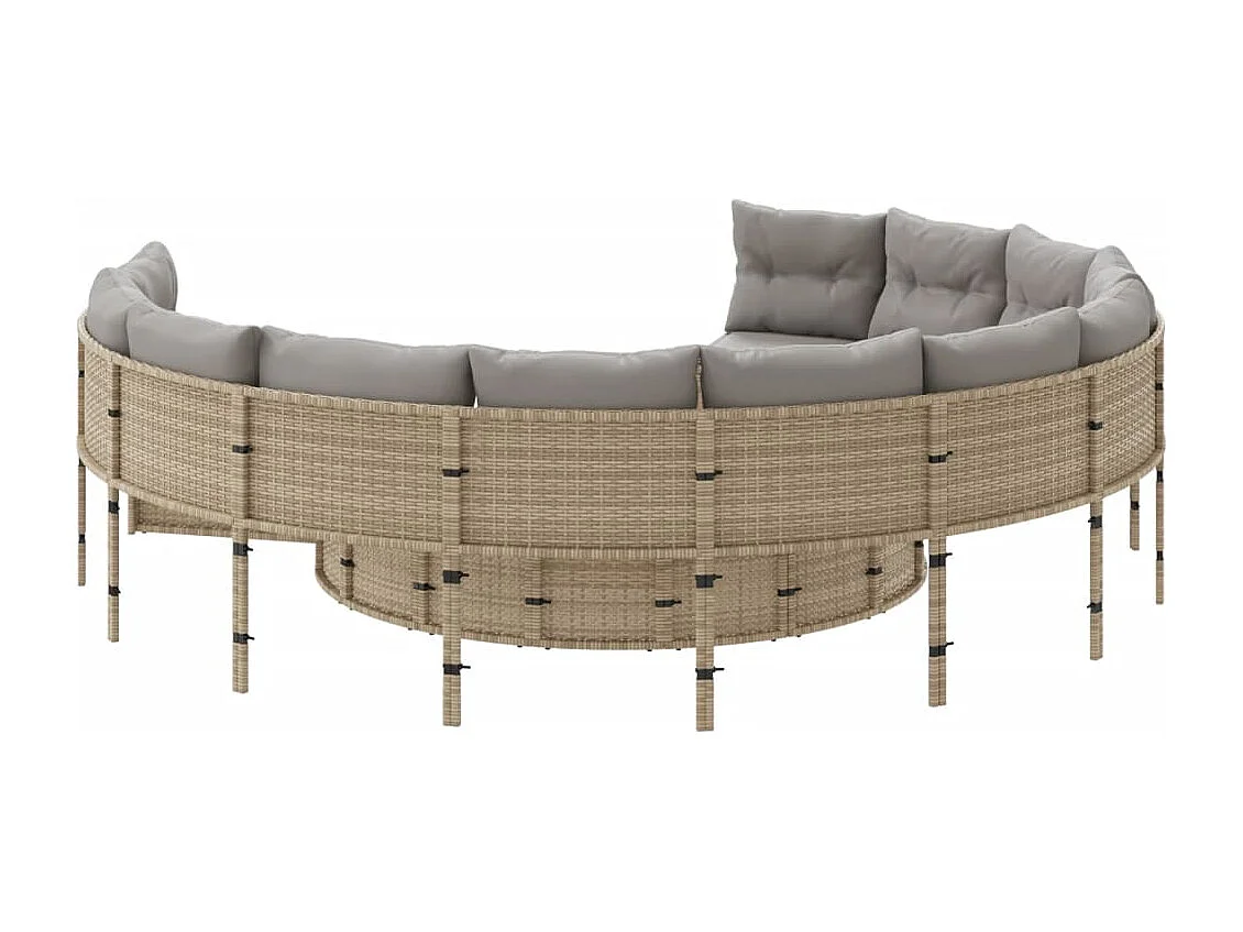 Gartensofa mit runden beigefarbenen Kissen aus gewebtem Kunstharz