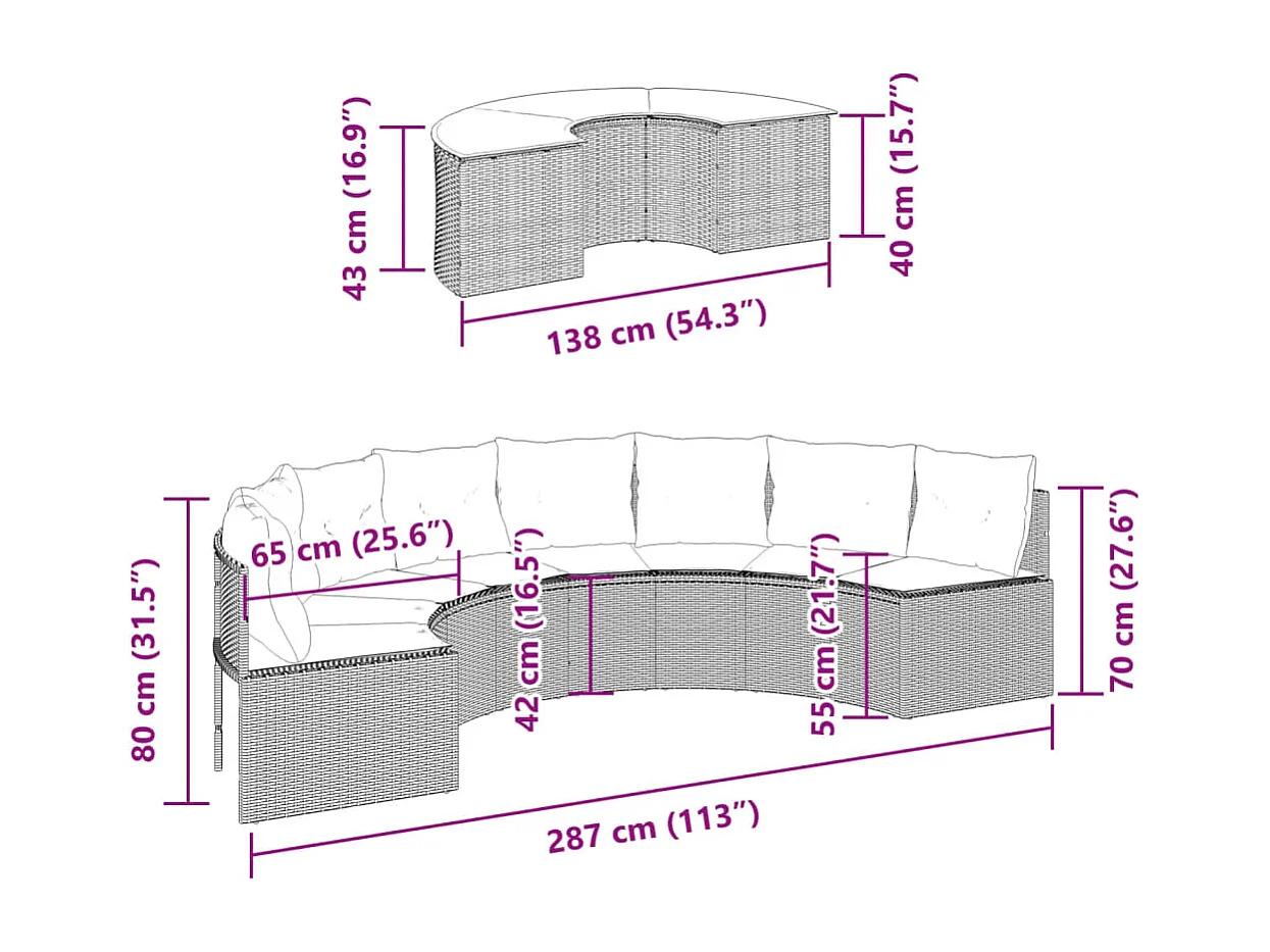 Salon de jardin 2 pcs demi-rond noir résine tressée