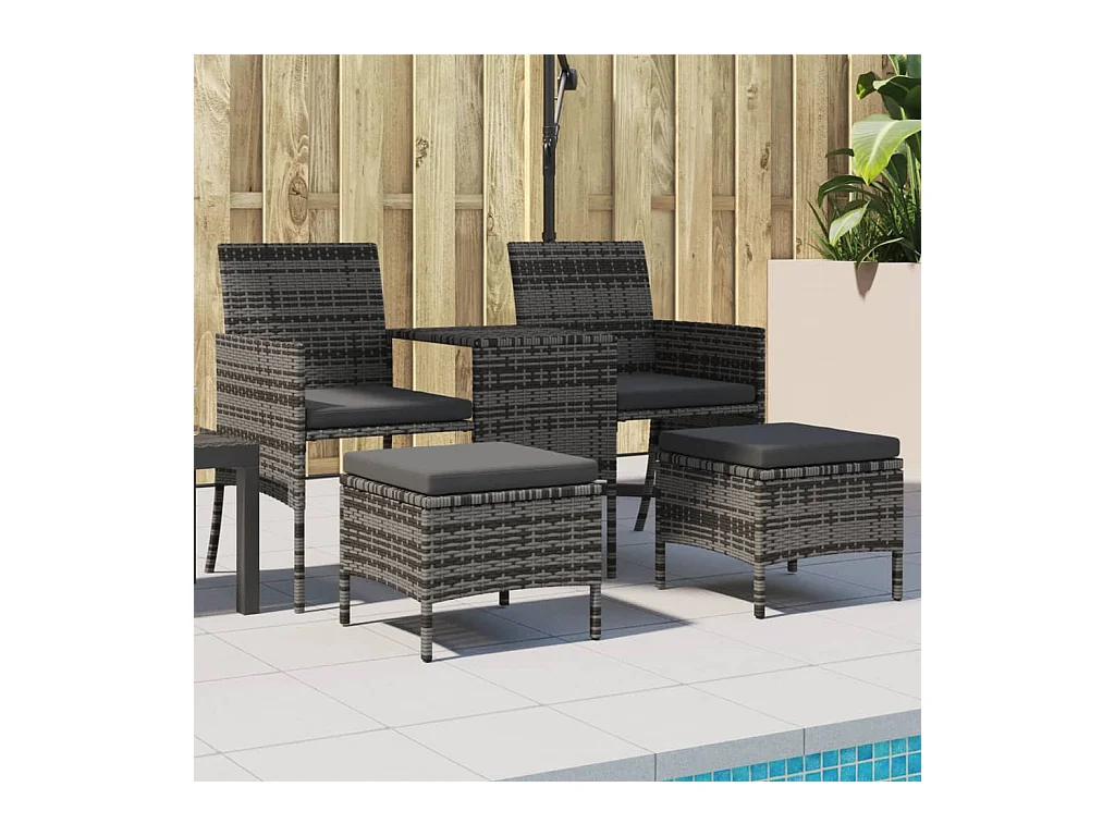 Canapé de jardin 2 places avec table et tabourets gris rotin