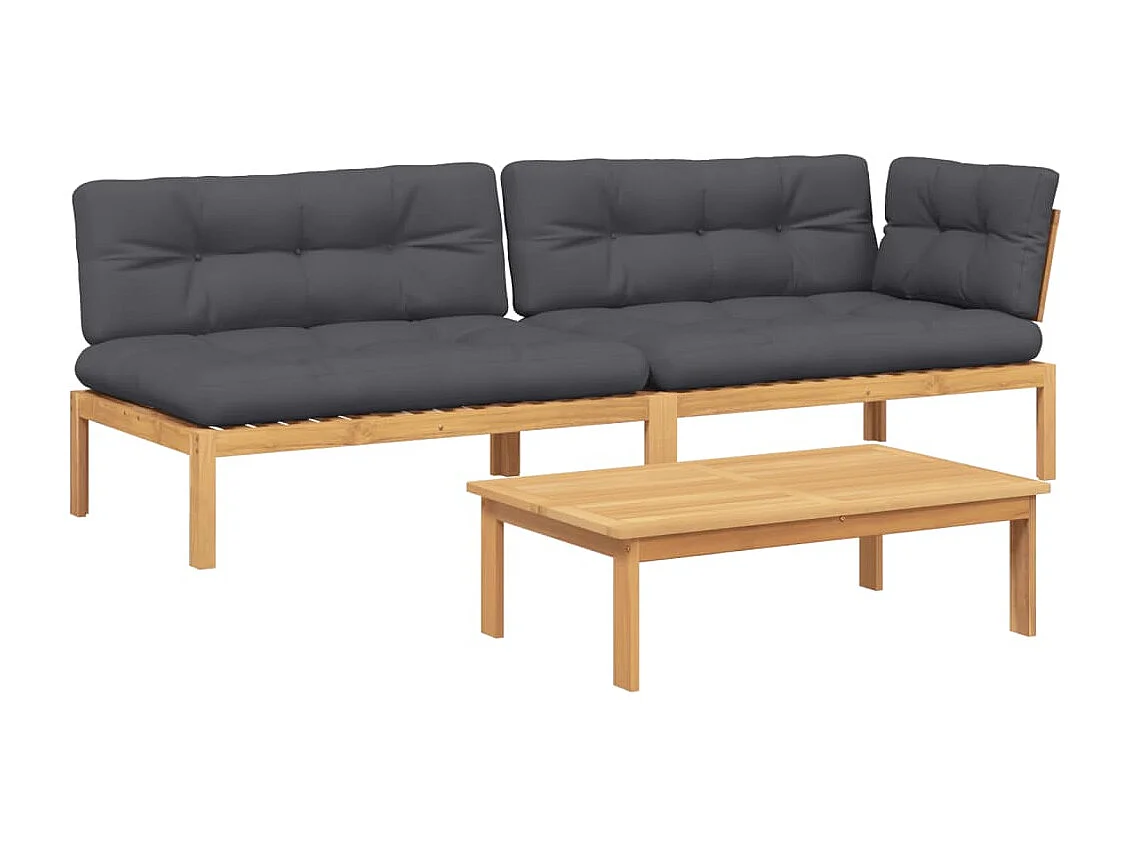 Salon palette de jardin avec coussins 3pcs bois d'acacia massif