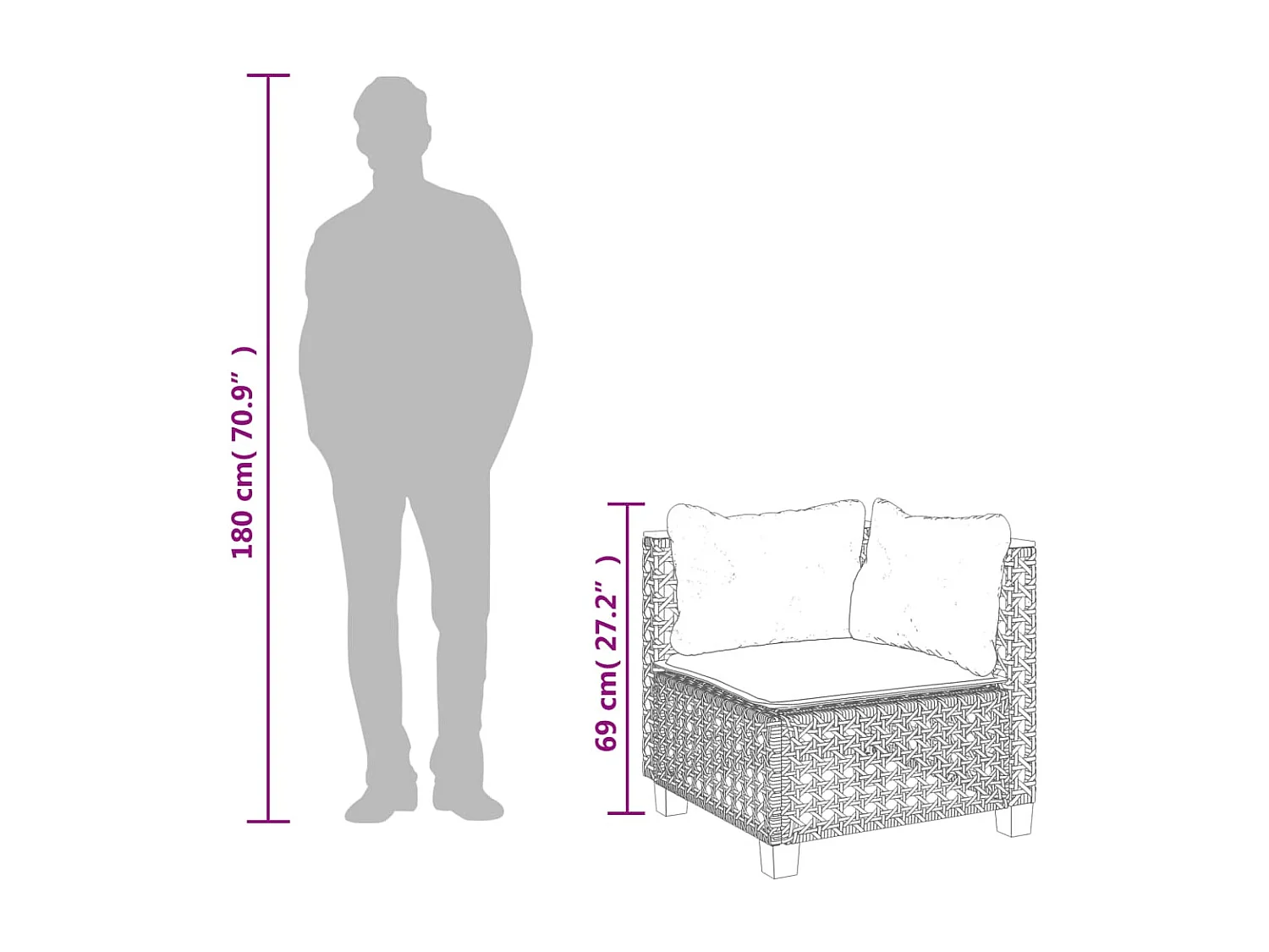 Divano ad angolo da giardino con cuscini in resina intrecciata grigia