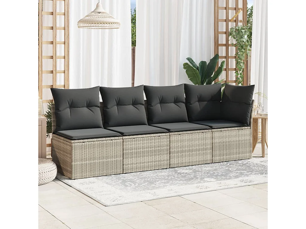 Canapé de jardin et coussins 4 places gris clair résine tressée