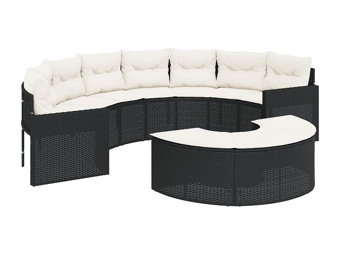 Divano da giardino con cuscini semicircolari neri in resina intrecciata
