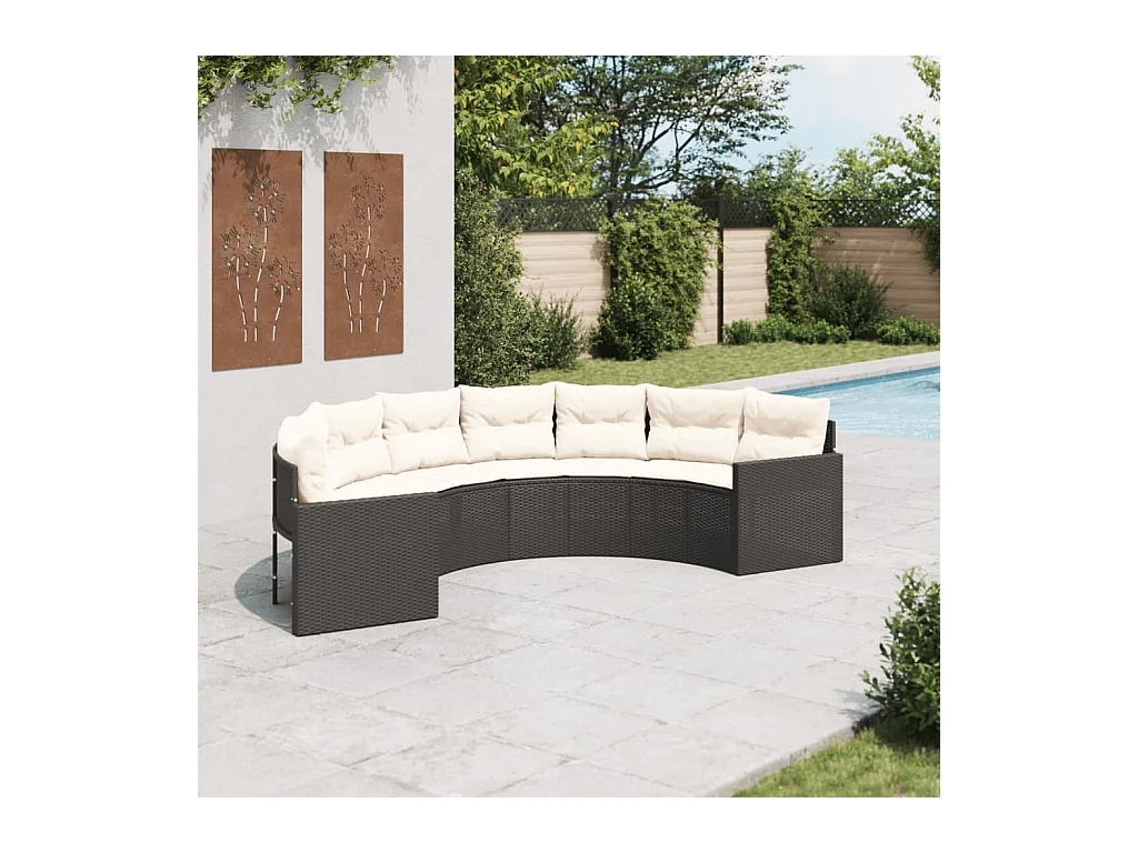 Canapé de jardin avec coussins demi-rond noir résine tressée