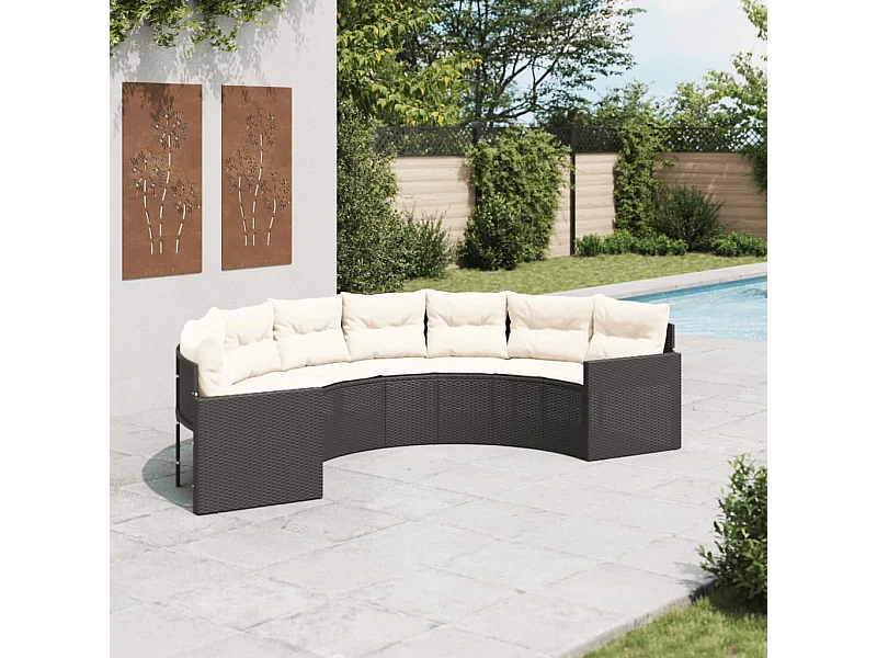 Canapé de jardin avec coussins demi-rond noir résine tressée