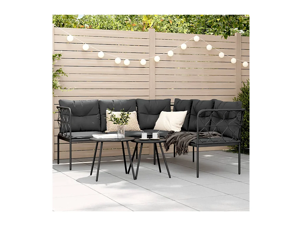 Canapé de jardin avec coussins forme de L noir acier textilène
