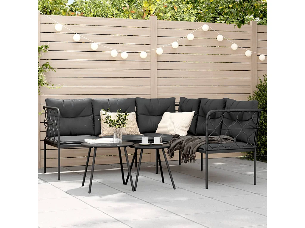 Canapé de jardin avec coussins forme de L noir acier textilène