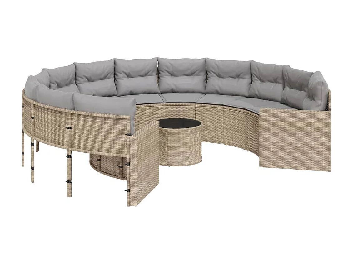 Canapé de jardin avec table coussins rond beige résine tressée