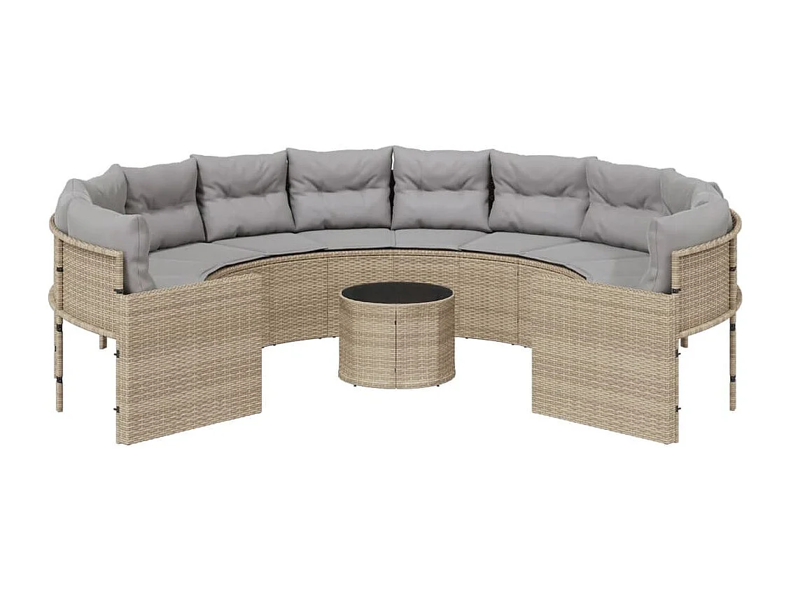 Canapé de jardin avec table coussins rond beige résine tressée