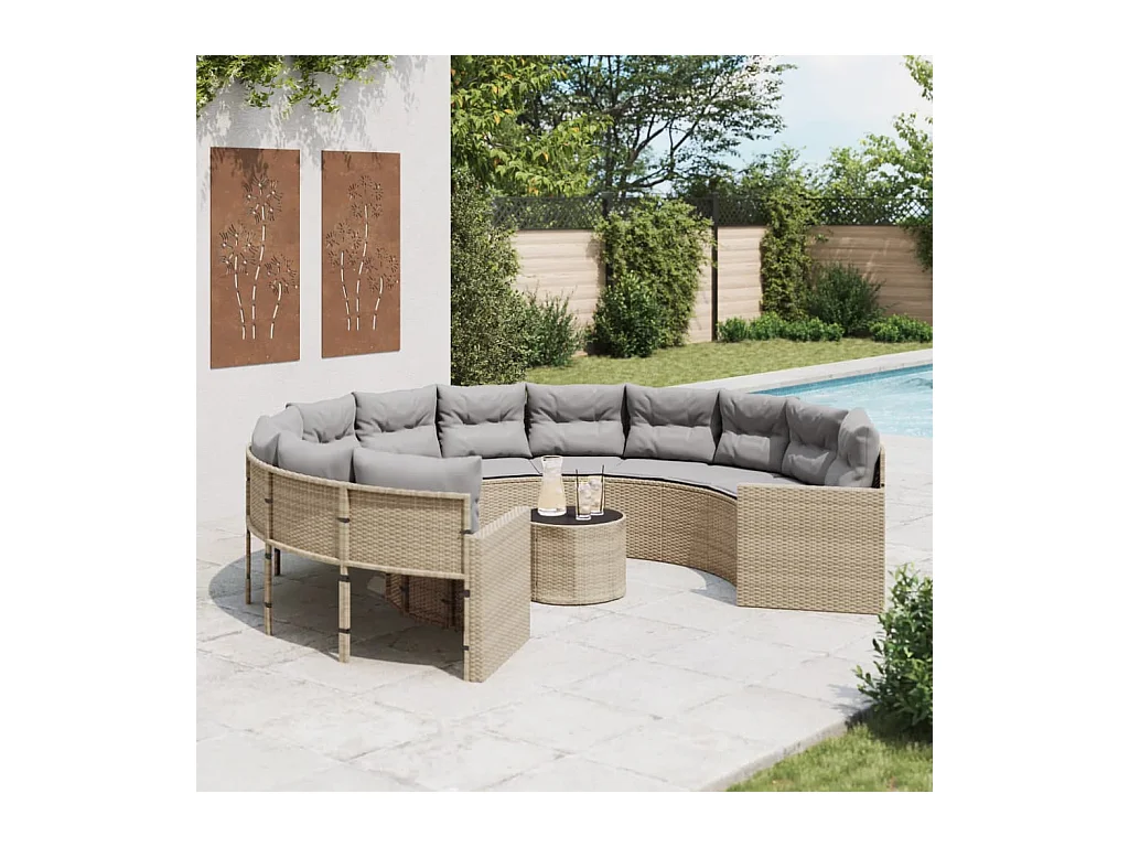Divano da giardino con tavolino rotondo con cuscini in resina intrecciata beige