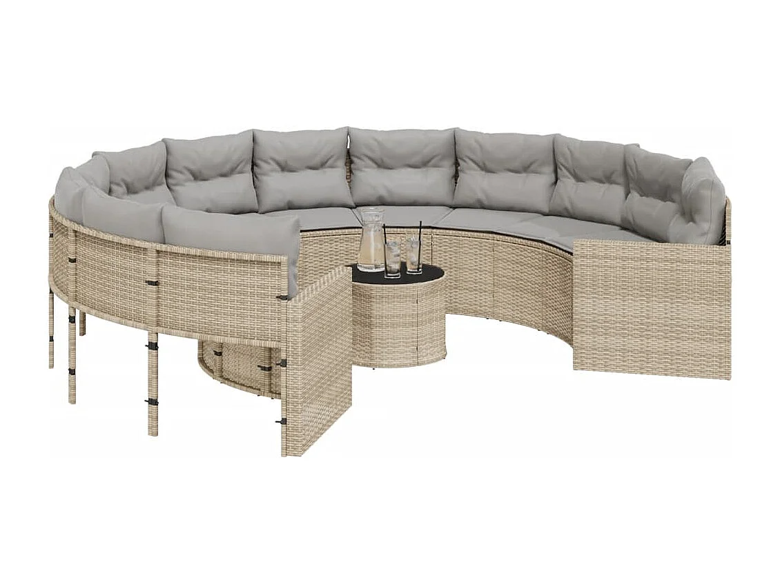 Canapé de jardin avec table coussins rond beige résine tressée