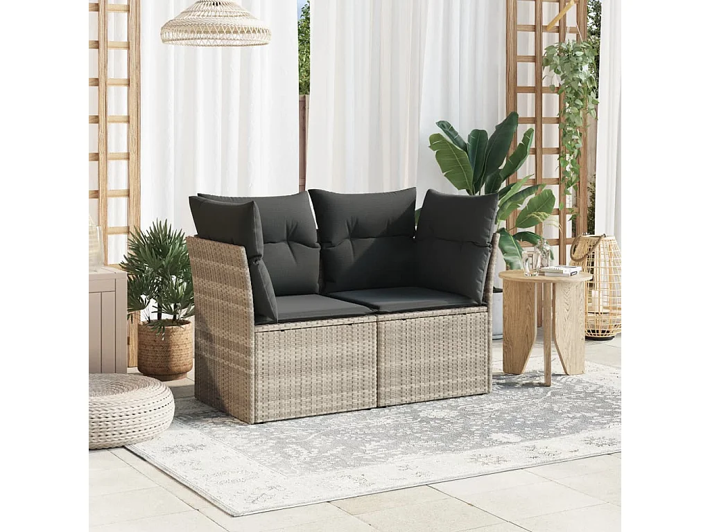 Canapé de jardin 2 places et coussins gris clair résine tressée