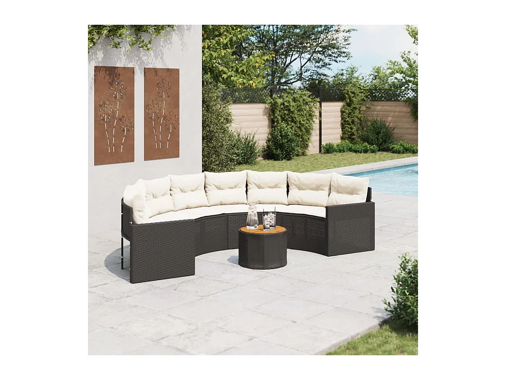 Canapé de jardin table coussins demi-rond noir résine tressée