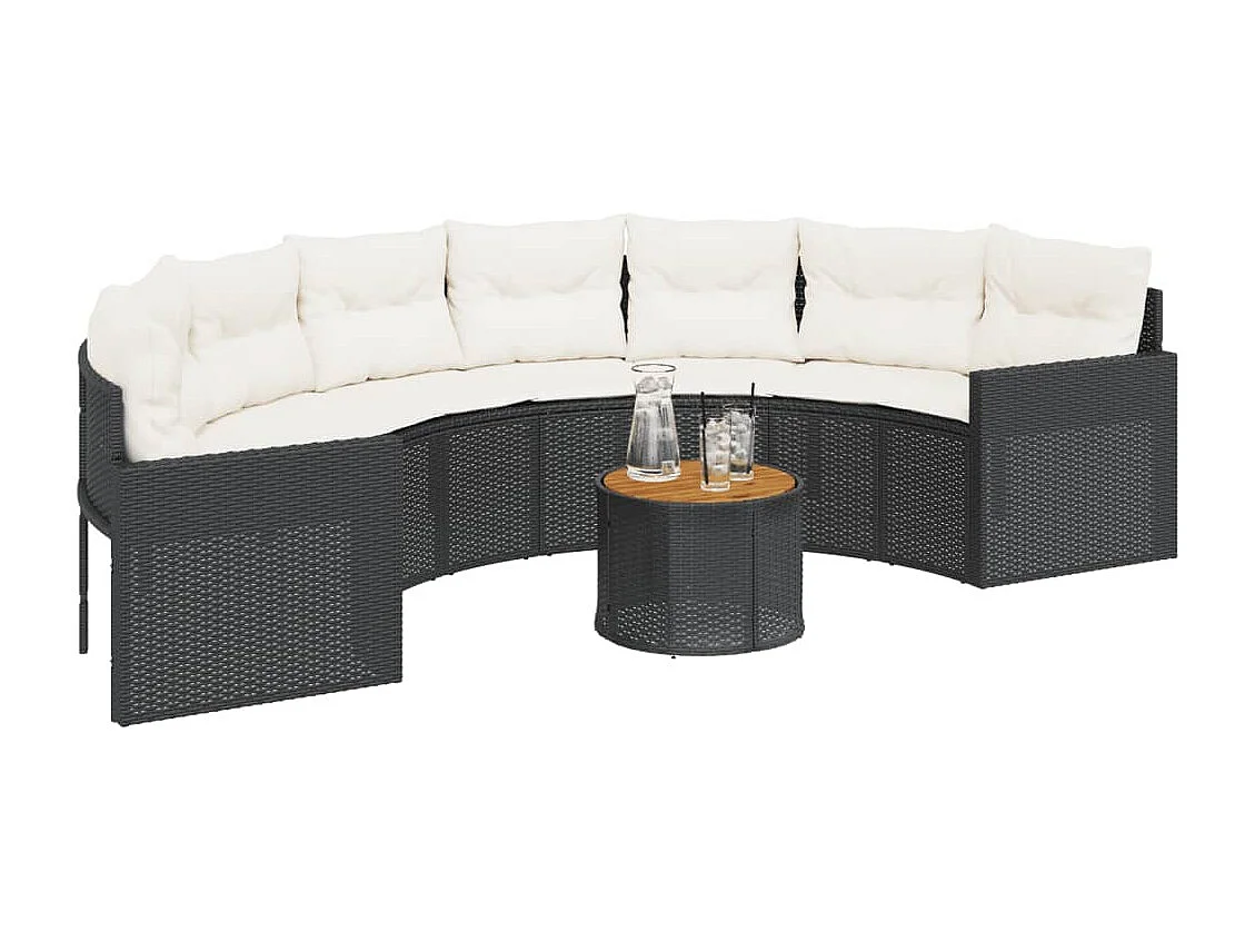 Canapé de jardin table coussins demi-rond noir résine tressée