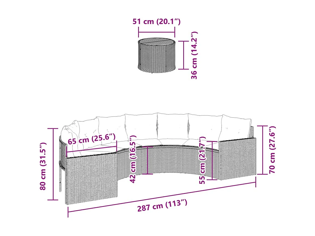 Canapé de jardin table coussins demi-rond noir résine tressée