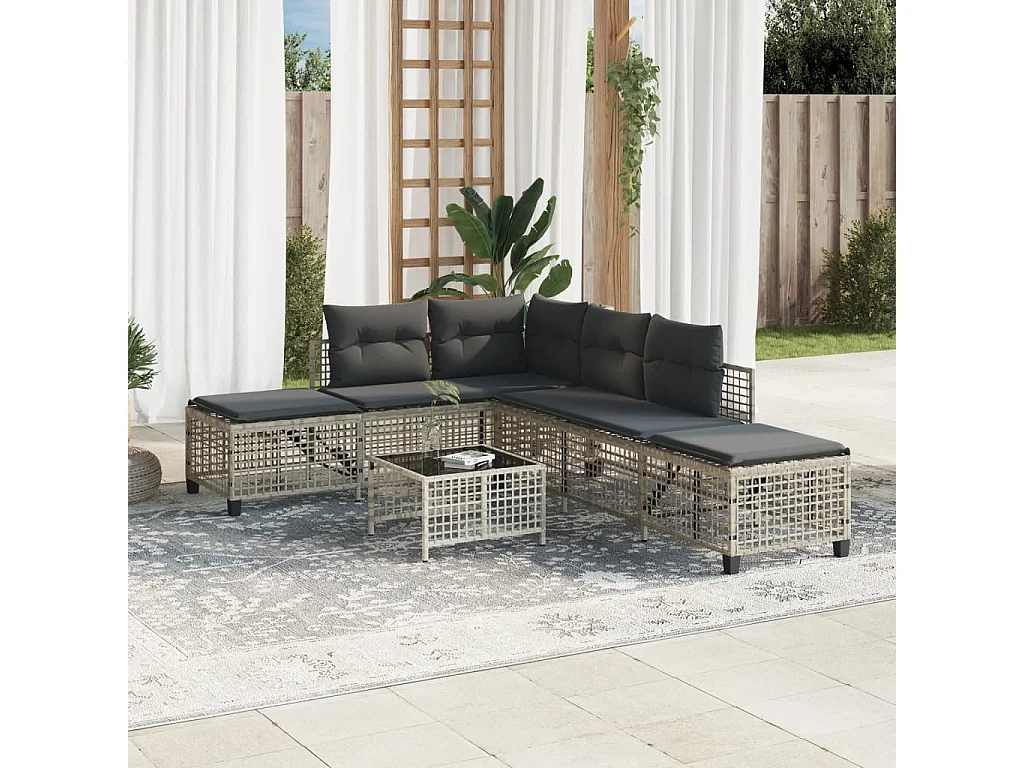 Salon de jardin d'angle avec coussins 3 pcs gris clair rotin