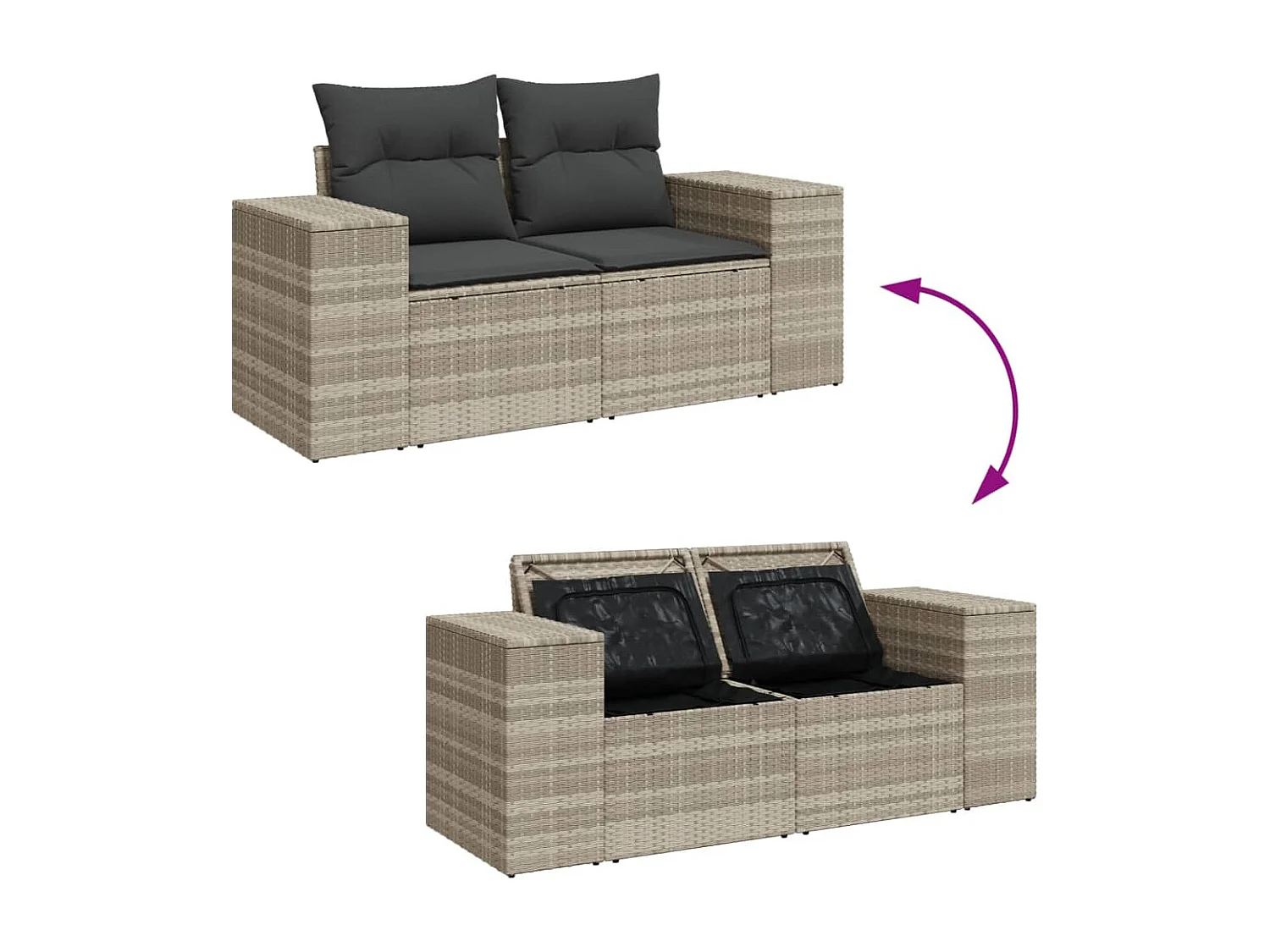 2-Sitzer-Gartensofa und hellgraue geflochtene Harzkissen