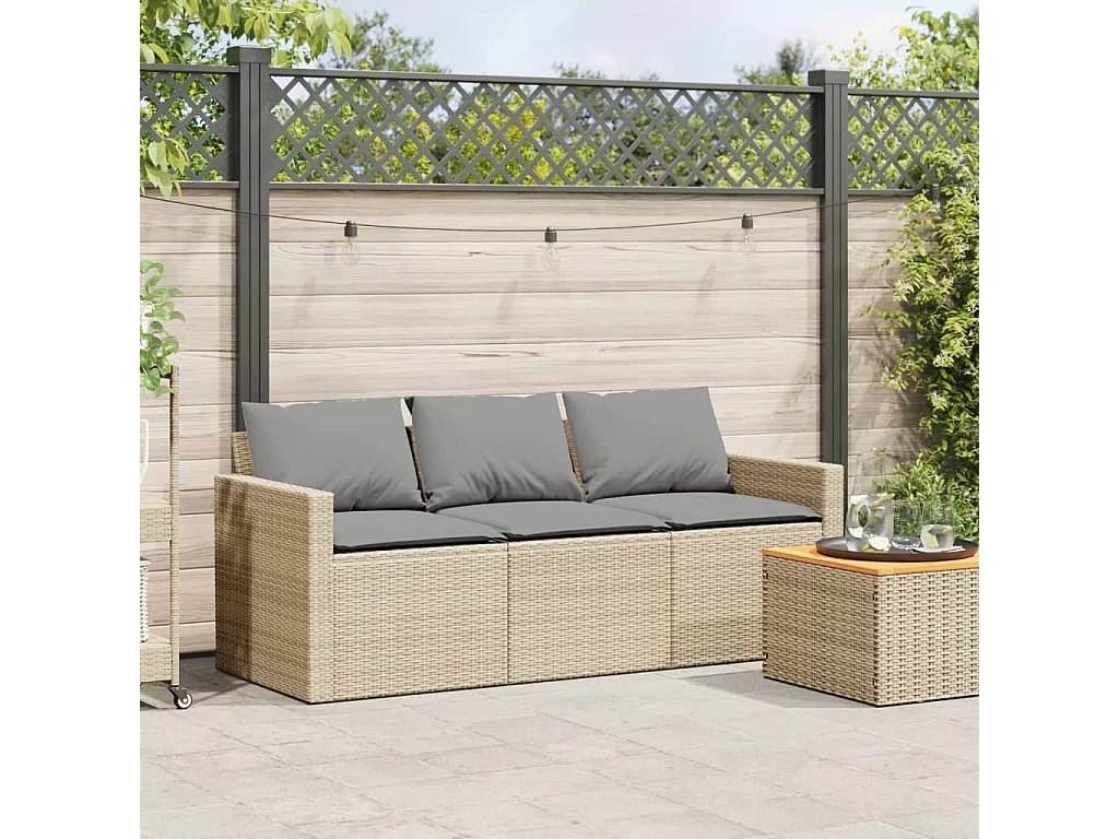 Canapé de jardin avec coussins 3 places beige résine tressée