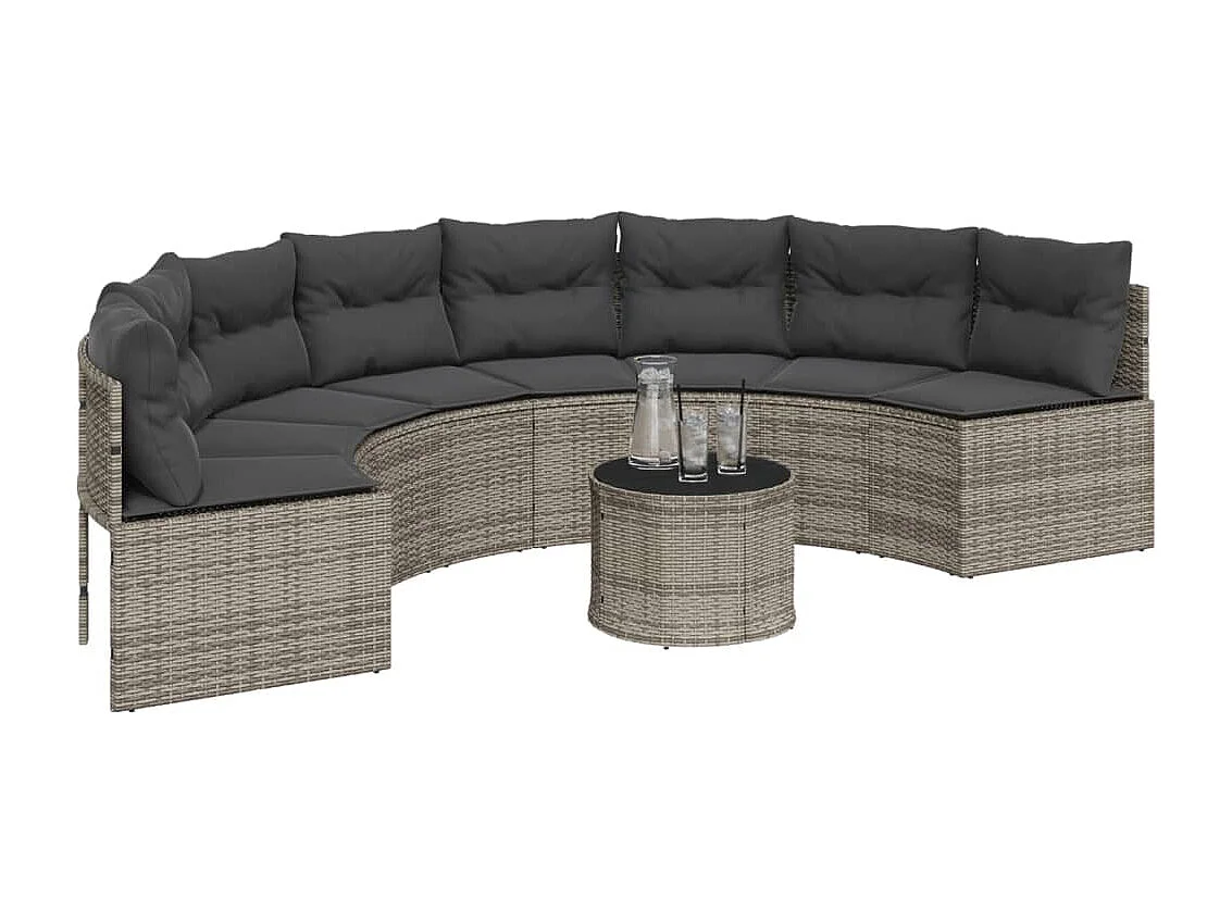 Canapé de jardin avec coussins demi-rond gris résine tressée