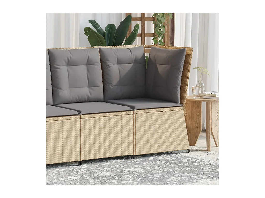 Divano ad angolo da giardino con cuscini in resina intrecciata beige